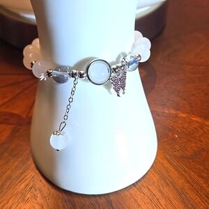 Elegant Sea BlueGrey Glass Moonlight Butterfly Pendant Elastic Stretchy Bracelet